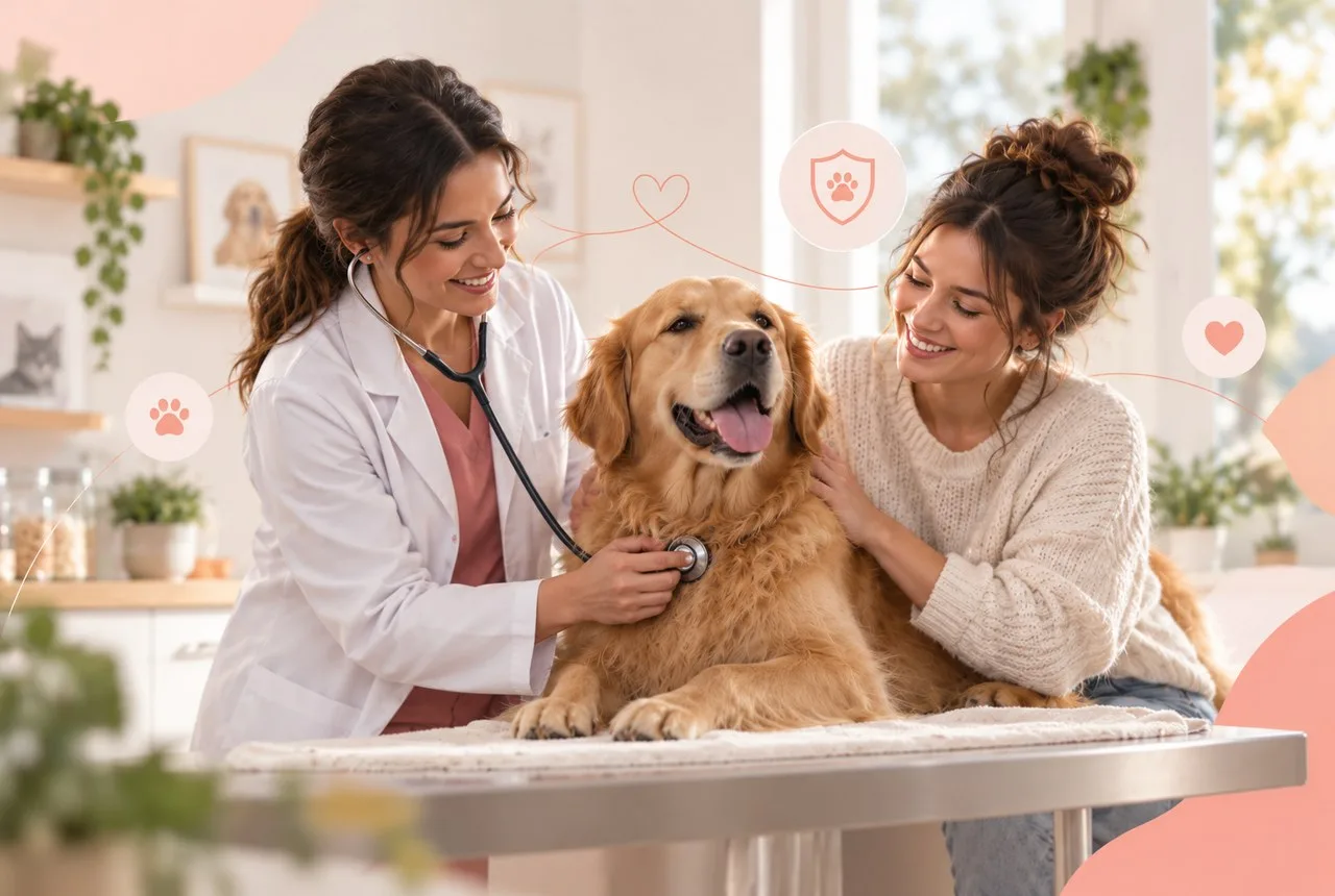 Golden-colored dog with owner and veterinarian at examination table